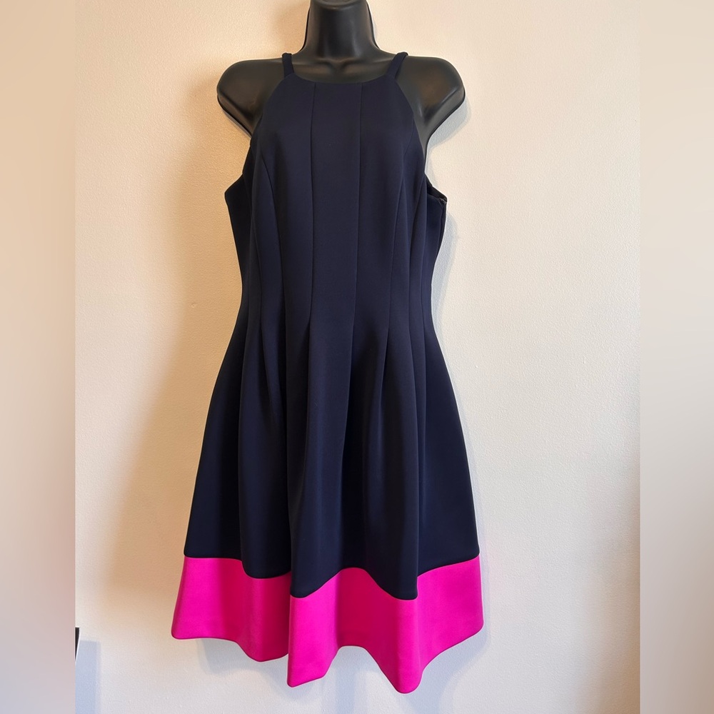 Vince Camuto Navy Midi Dress with Hot Pink Hem, Sleeveless Size  12